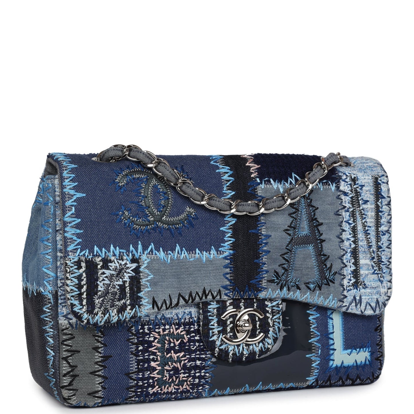Chanel Jumbo Flap Bag Blue Patchwork Silver Hardware