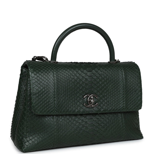 Chanel Medium Coco Handle Flap Bag Dark Green Python Ruthenium Hardware