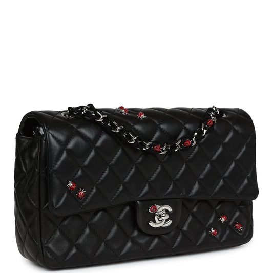 Chanel Medium Bug Single Flap Bag Black Lambskin Silver Hardware