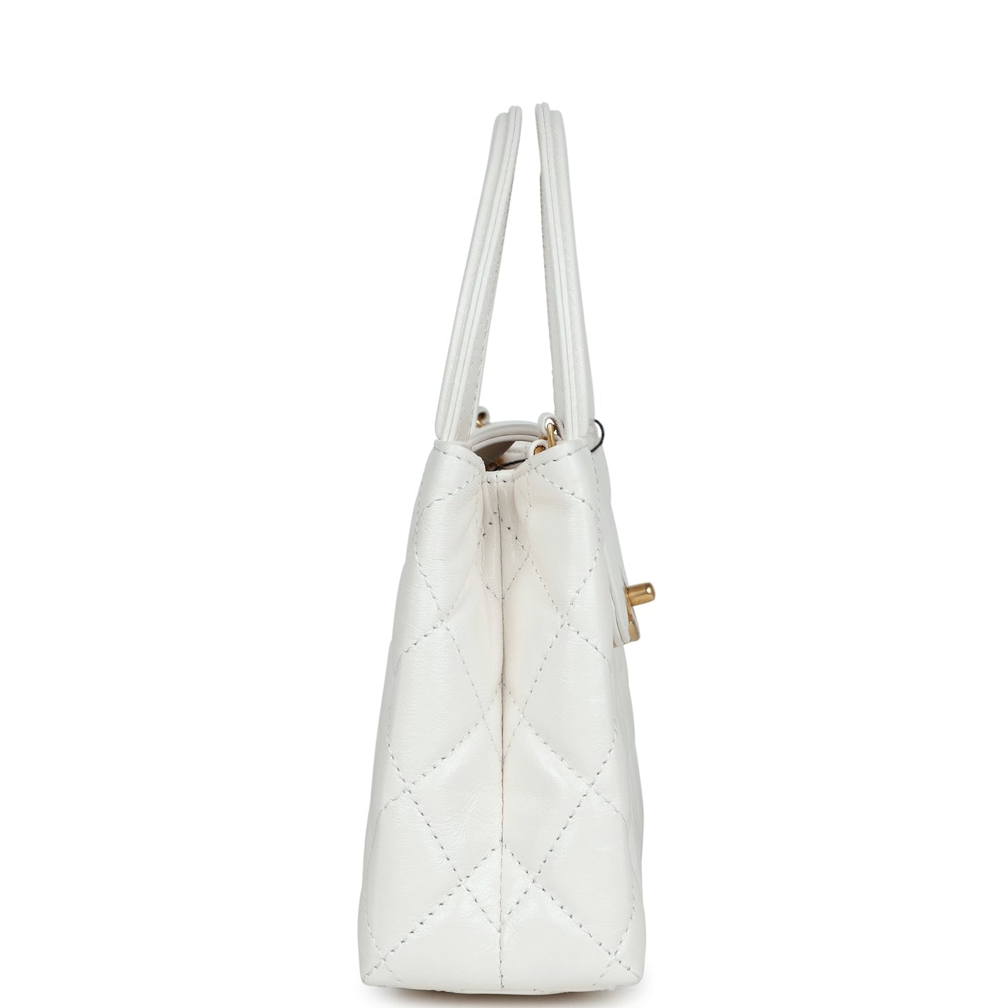 Chanel Small Kelly Shopper White Shiny Aged Calfskin Brushed Gold Hardware Handbag