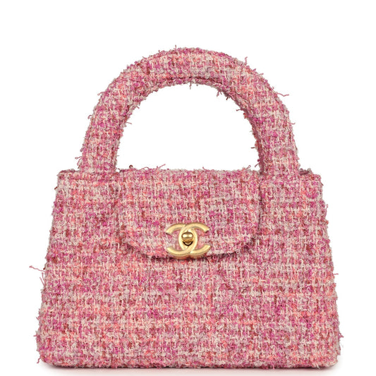 Chanel Small Kelly Shopper Pink Tweed Brushed Gold Hardware Handbag
