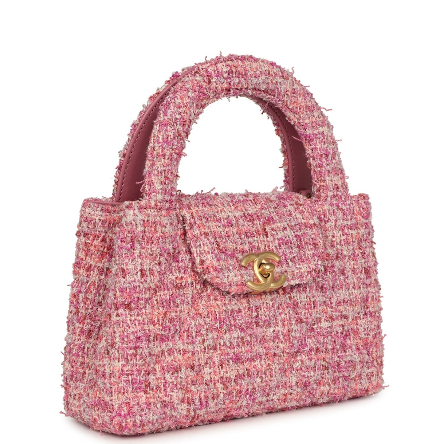 Chanel Small Kelly Shopper Pink Tweed Brushed Gold Hardware Handbag