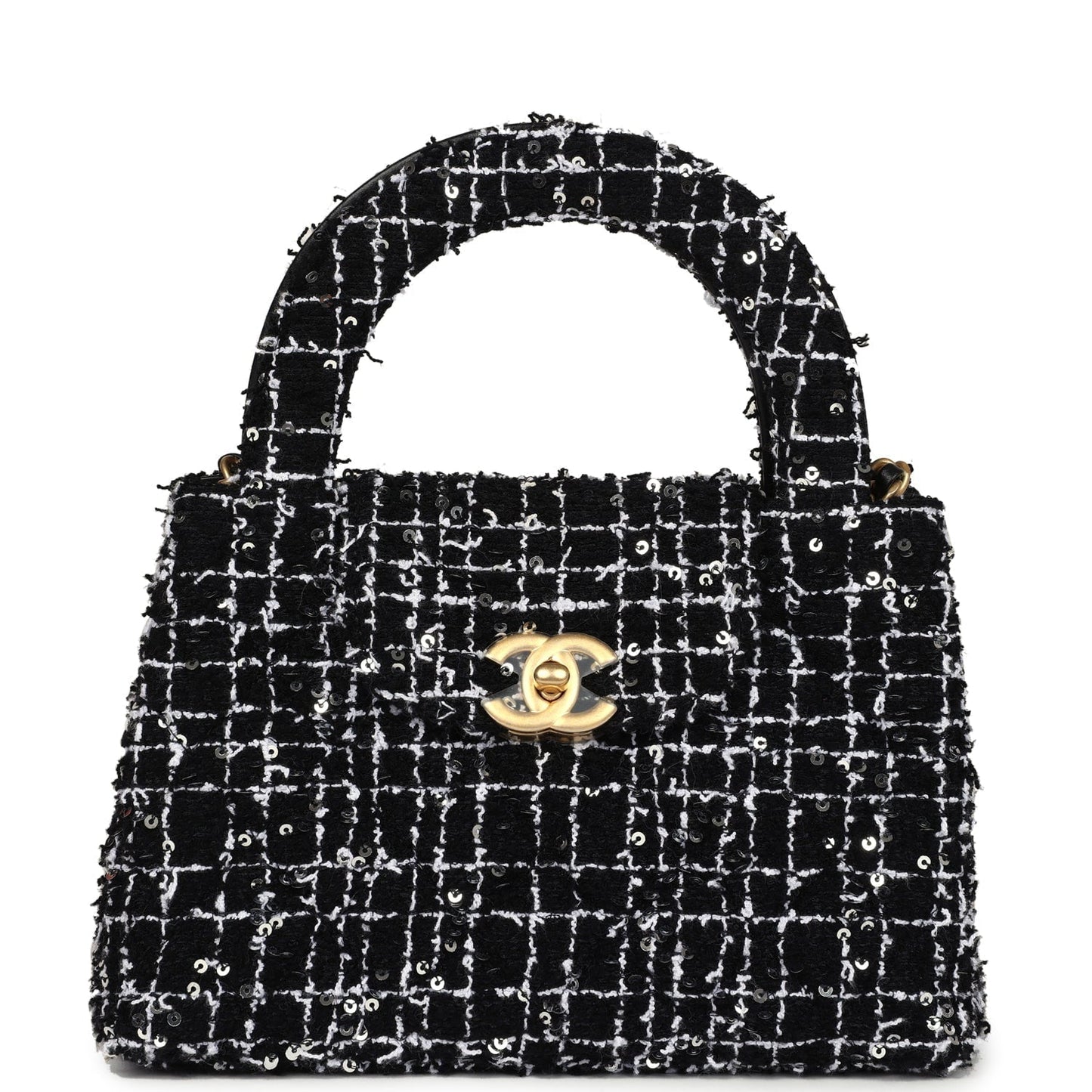 Chanel Small Kelly Shopper Black, White & Silver Sequin Tweed Brushed Gold Hardware Crossbody