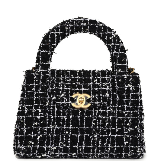 Chanel Small Kelly Shopper Black, White & Silver Sequin Tweed Brushed Gold Hardware Crossbody