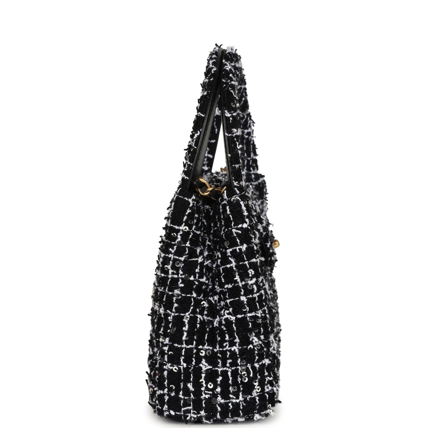 Chanel Small Kelly Shopper Black, White & Silver Sequin Tweed Brushed Gold Hardware Crossbody