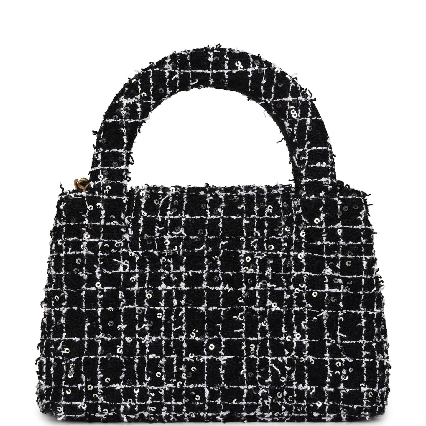 Chanel Small Kelly Shopper Black, White & Silver Sequin Tweed Brushed Gold Hardware Crossbody