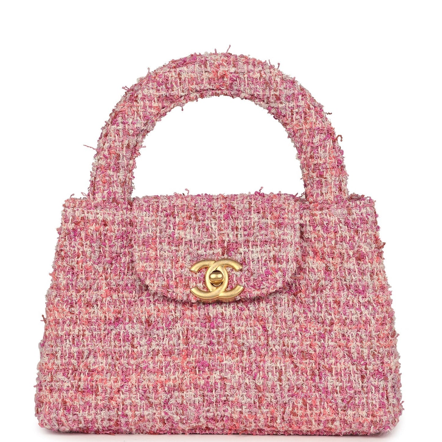 Chanel Small Kelly Shopper Pink Tweed Brushed Gold Hardware Handbag