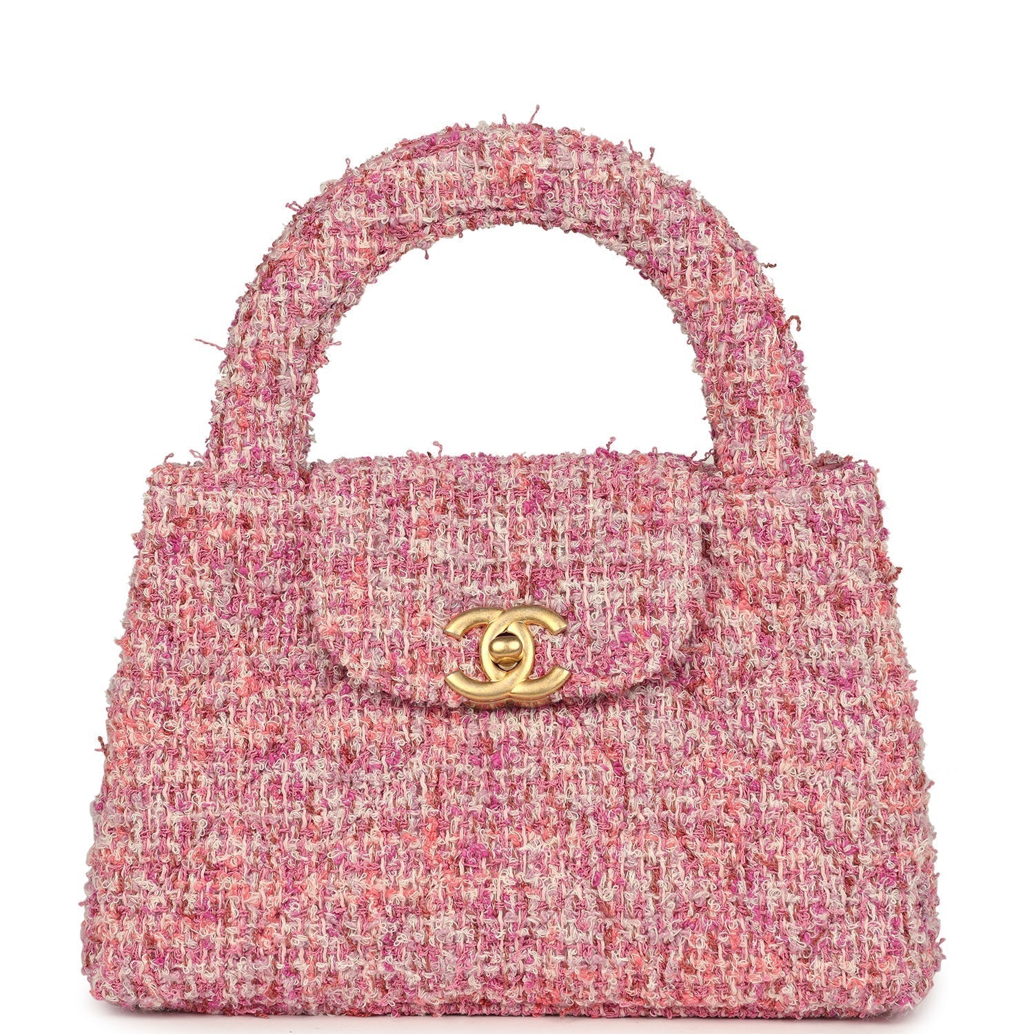 Chanel Small Kelly Shopper Pink Tweed Brushed Gold Hardware Handbag