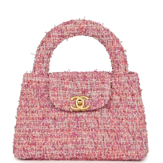 Chanel Small Kelly Shopper Pink Tweed Brushed Gold Hardware Handbag
