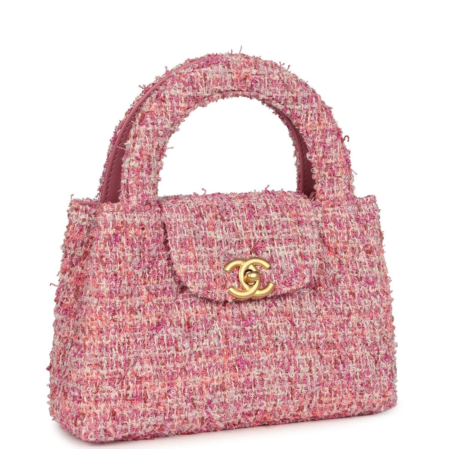 Chanel Small Kelly Shopper Pink Tweed Brushed Gold Hardware Handbag