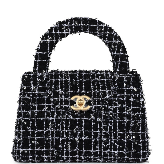 Chanel Small Kelly Shopper Black, White & Silver Sequin Tweed Brushed Gold Hardware Crossbody