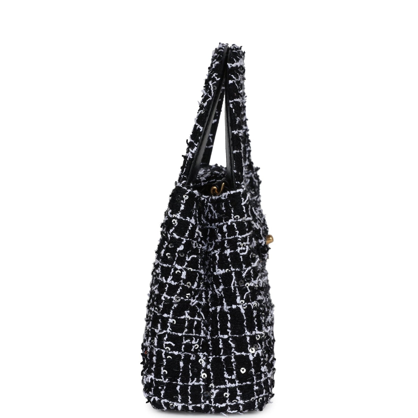 Chanel Small Kelly Shopper Black, White & Silver Sequin Tweed Brushed Gold Hardware Crossbody