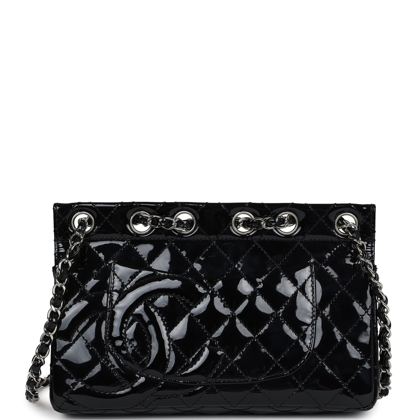 Chanel Chain Through Flap Bag Black Patent Silver Hardware