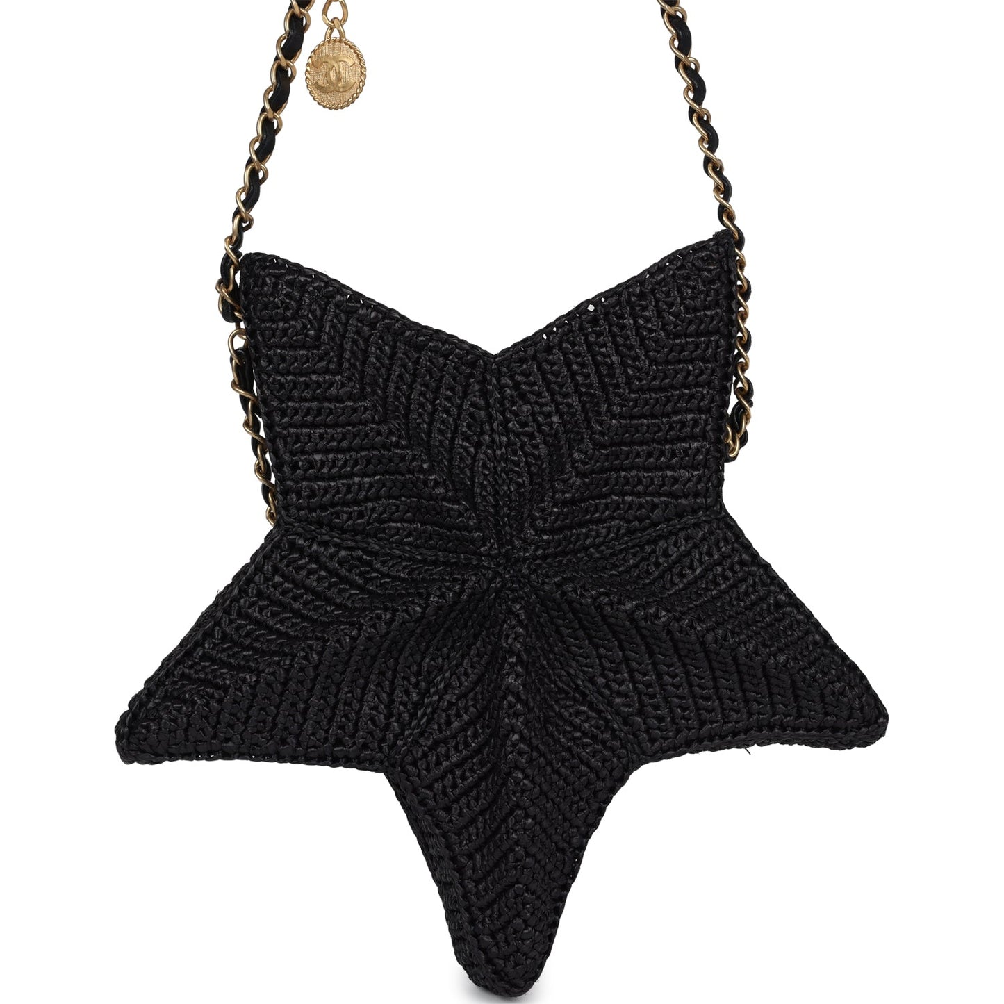Chanel Star Coco Beach Bag Black Raffia Aged Gold Hardware