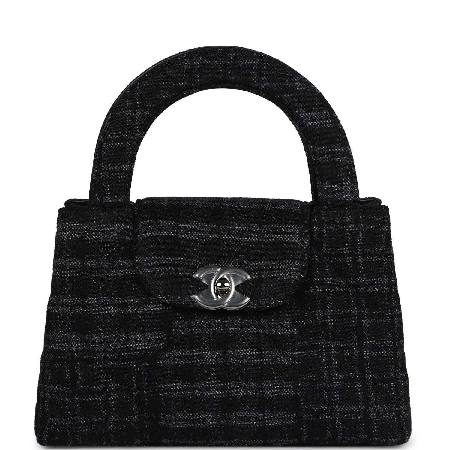 Chanel Small Kelly Shopper Dark Grey and Black Plaid Canvas Ruthenium Hardware Handbag