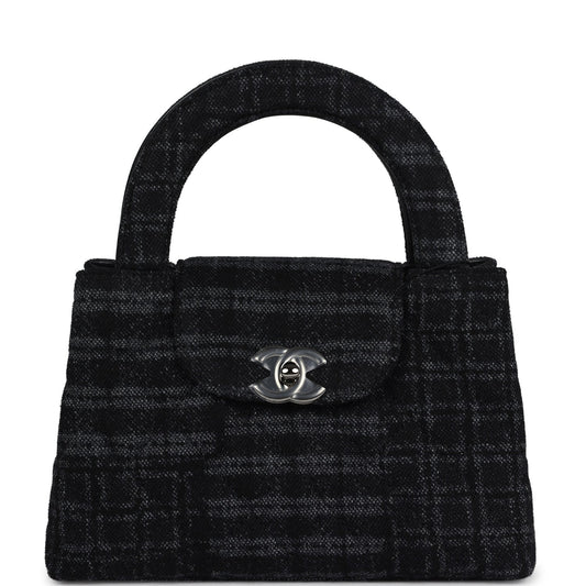 Chanel Small Kelly Shopper Dark Grey and Black Plaid Canvas Ruthenium Hardware Handbag