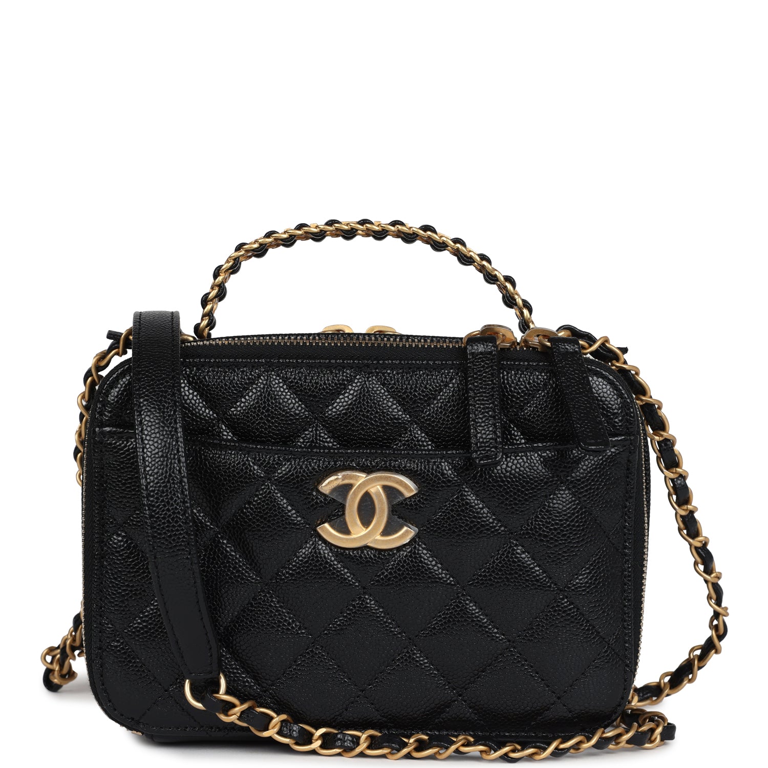 Chanel Small Pick Me Up Top Handle Vanity Case Black Caviar Brushed Gold Hardware Shoulder Bag