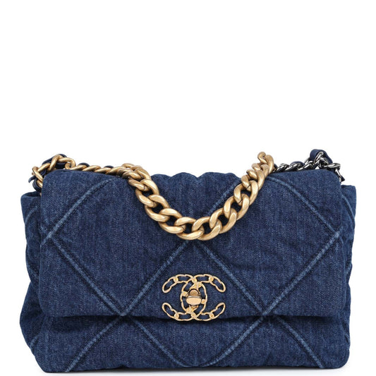 Chanel Medium 19 Flap Dark Blue Mixed Metal Hardware Shoulder Bag
