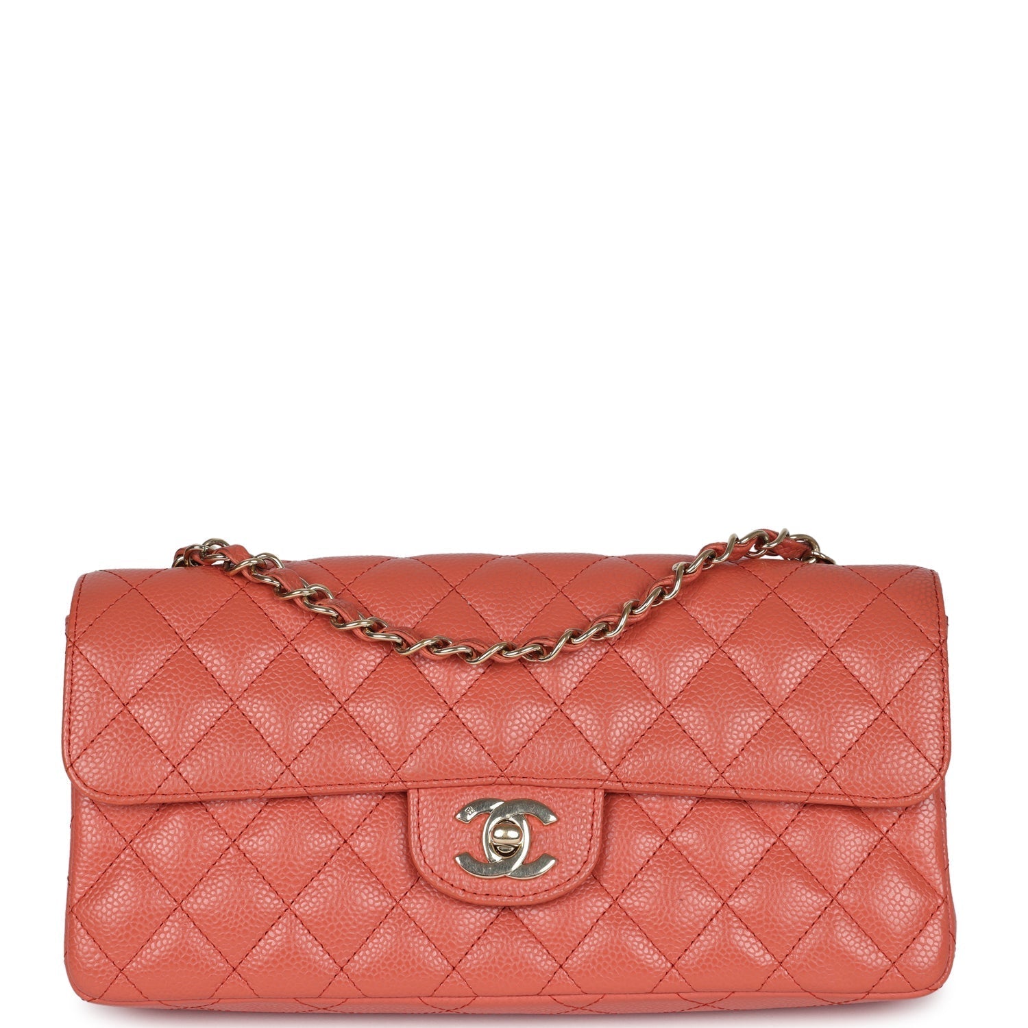 Chanel Classic East West Single Flap Coral Caviar Light Gold Hardware Shoulder Bag