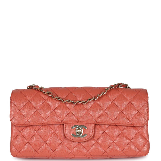 Chanel Classic East West Single Flap Coral Caviar Light Gold Hardware Shoulder Bag