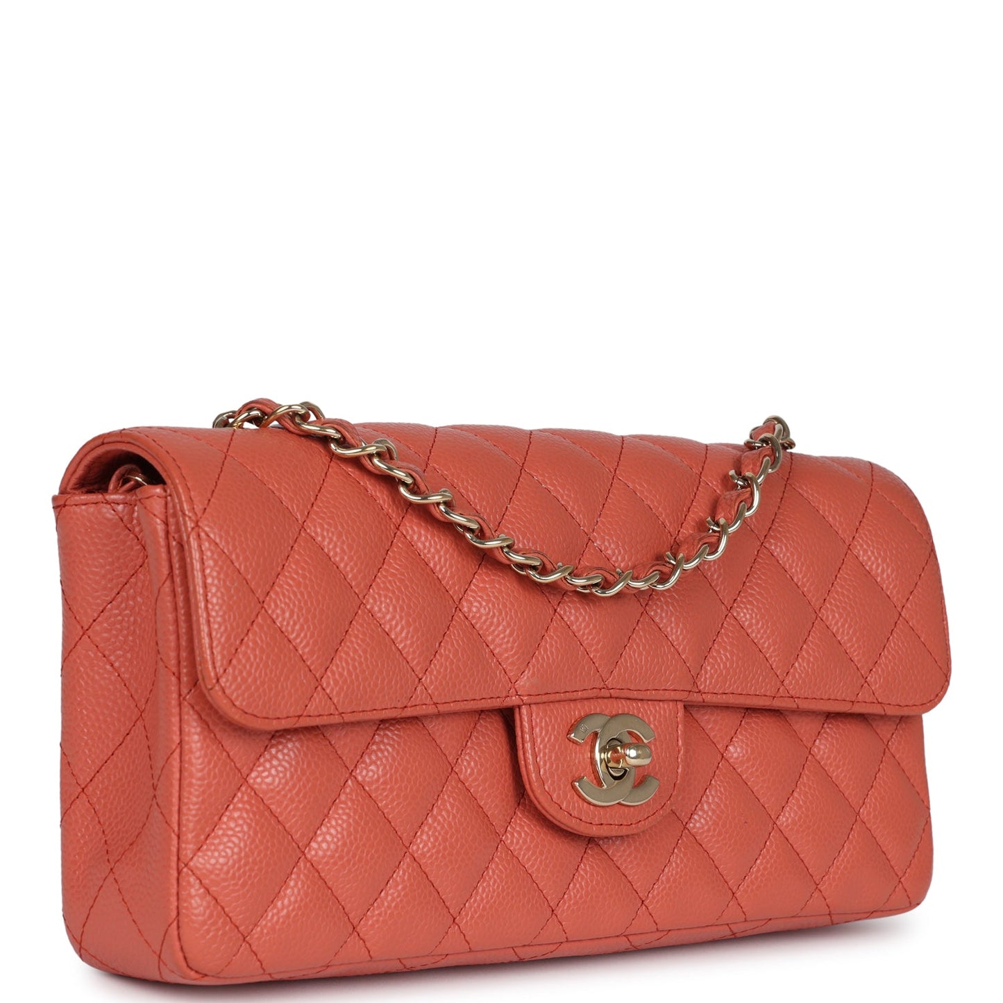 Chanel Classic East West Single Flap Coral Caviar Light Gold Hardware Shoulder Bag