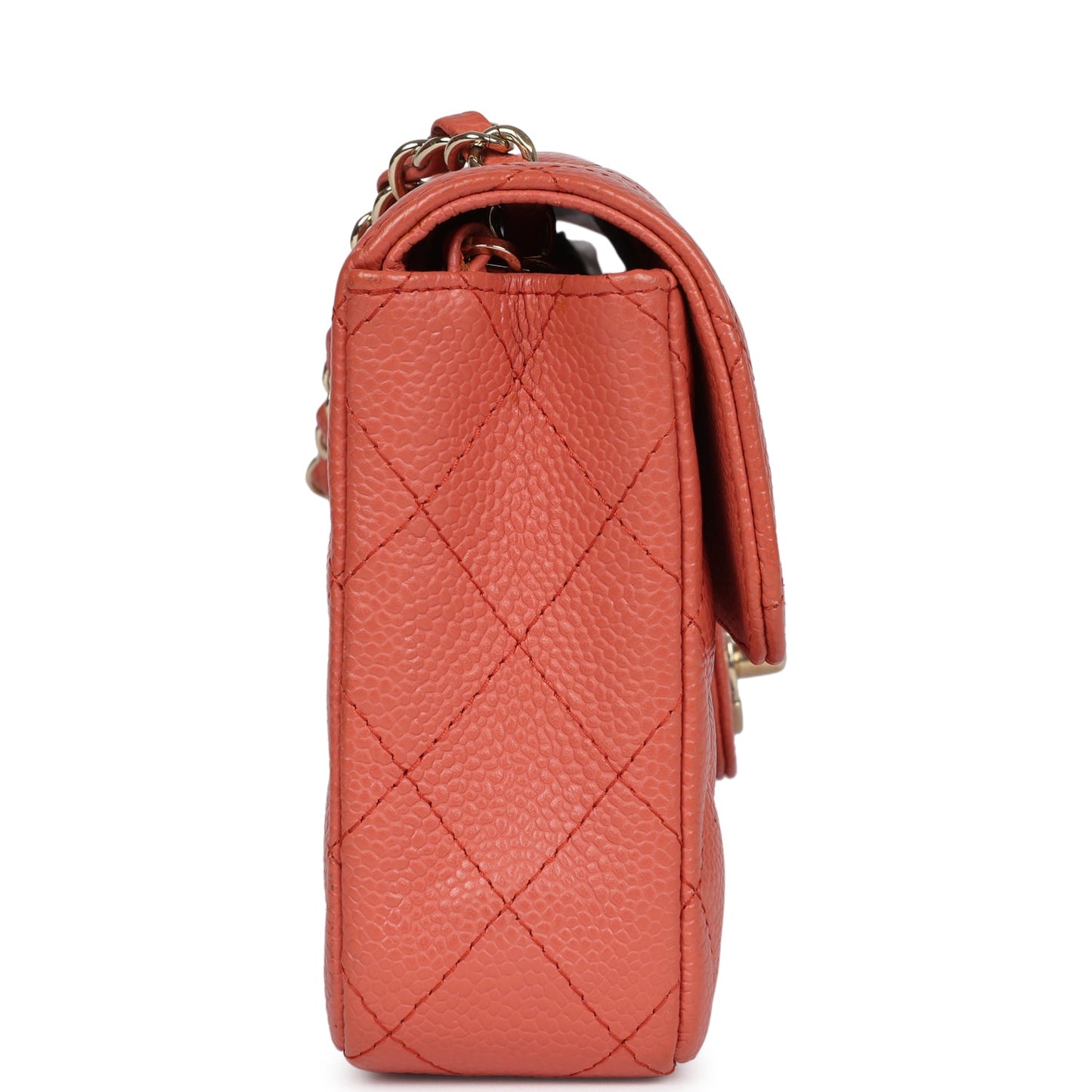Chanel Classic East West Single Flap Coral Caviar Light Gold Hardware Shoulder Bag