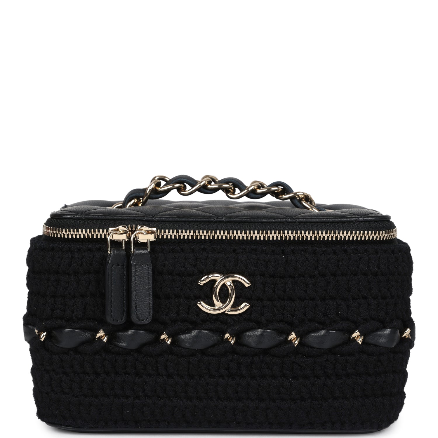 Chanel Small Vanity Case Black Crochet and Lambskin Light Gold Hardware Handbag
