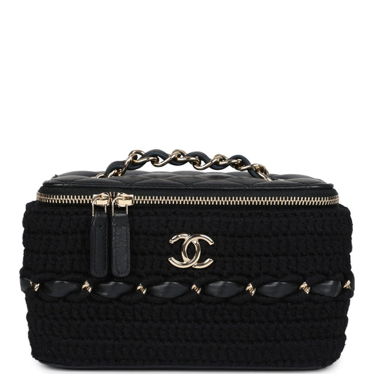 Chanel Small Vanity Case Black Crochet and Lambskin Light Gold Hardware Handbag