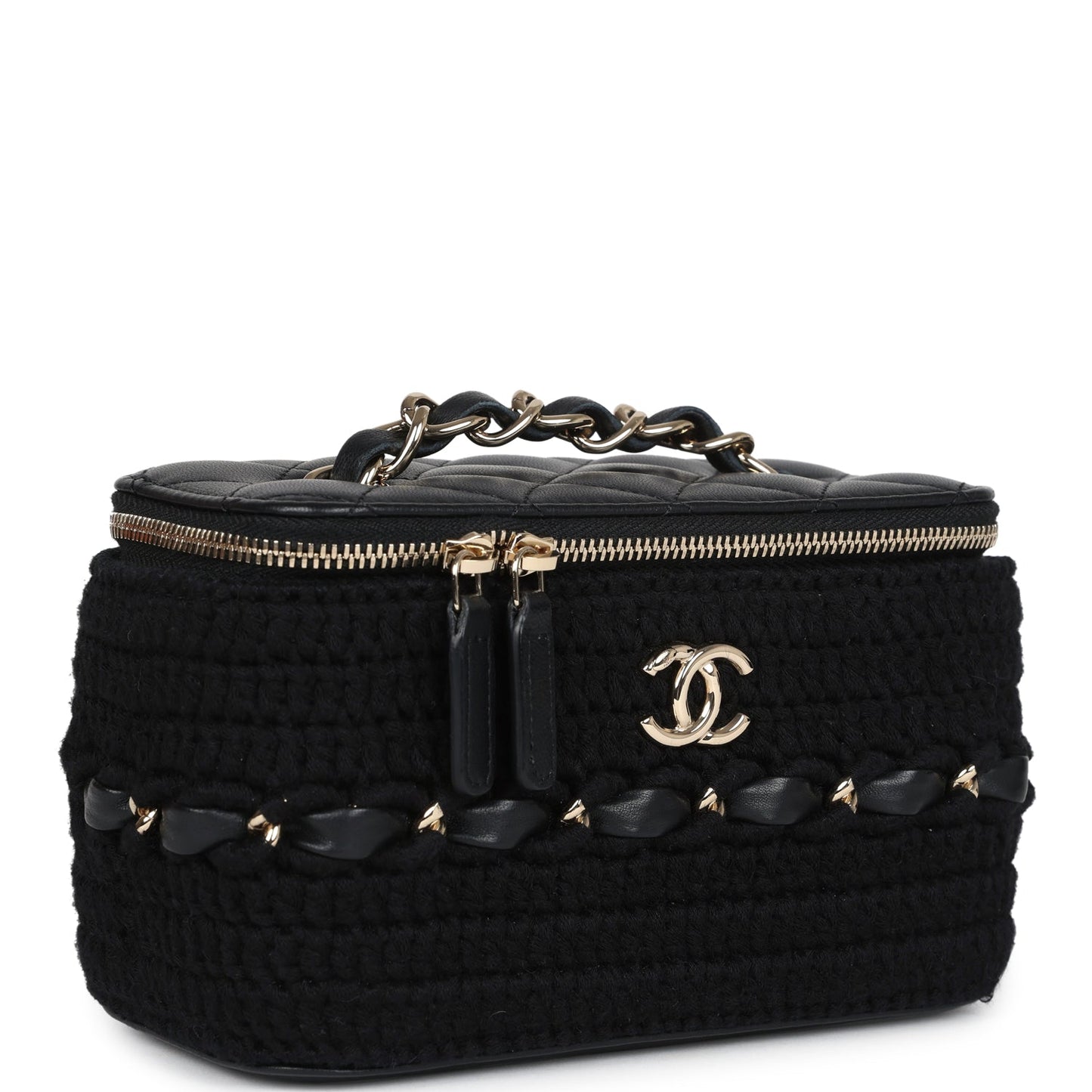 Chanel Small Vanity Case Black Crochet and Lambskin Light Gold Hardware Handbag