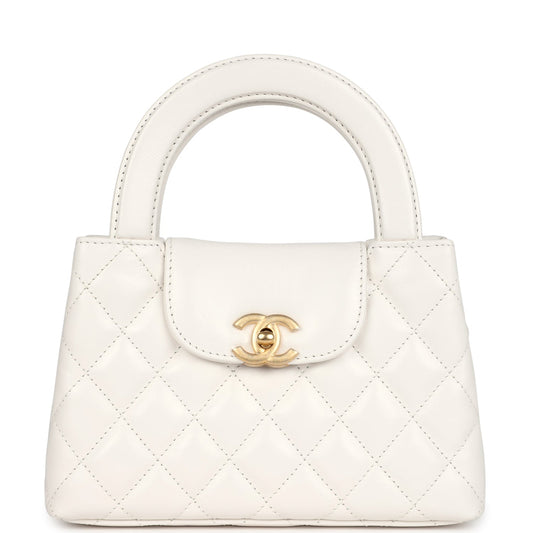 Chanel Small Kelly Shopper White Shiny Aged Calfskin Brushed Gold Hardware Crossbody