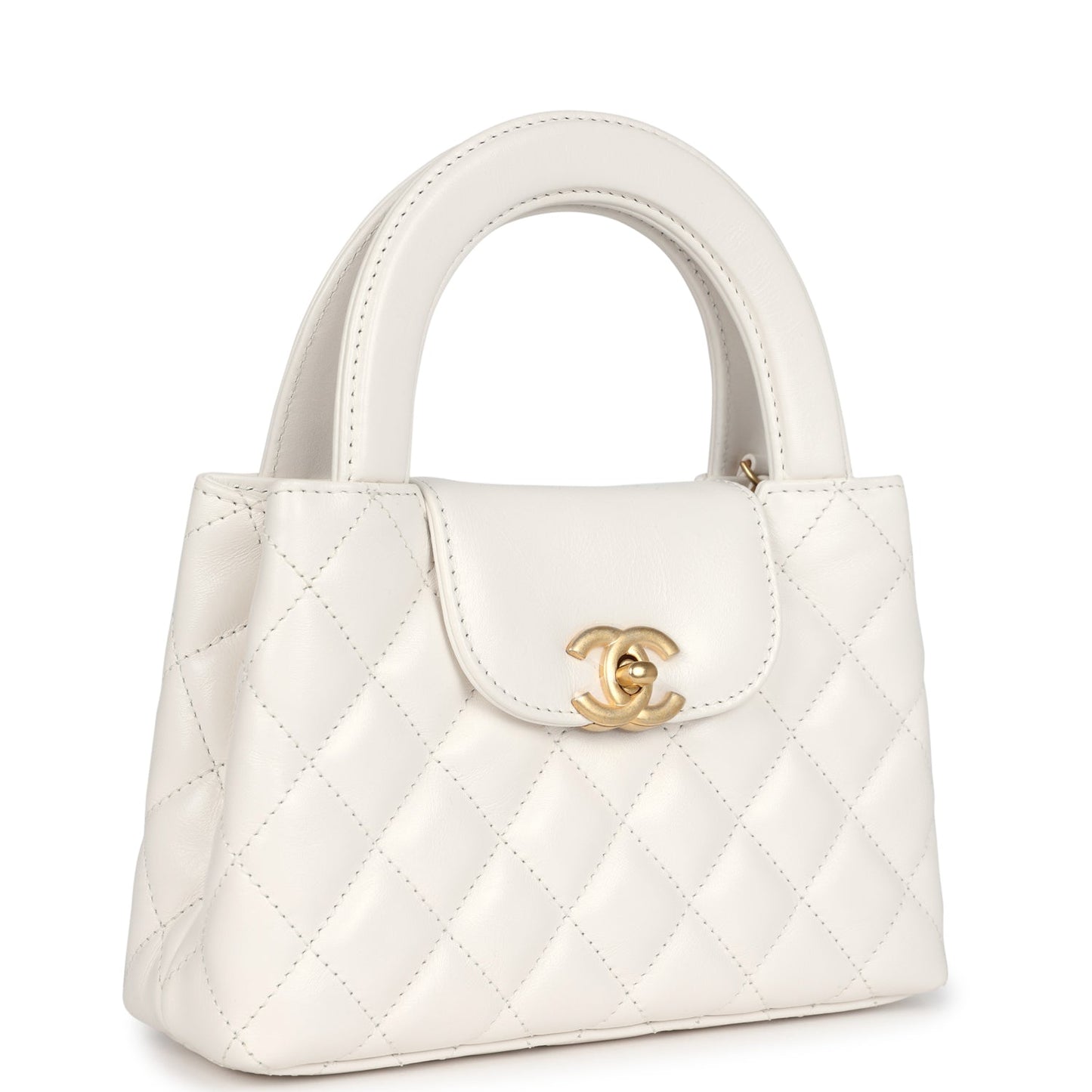 Chanel Small Kelly Shopper White Shiny Aged Calfskin Brushed Gold Hardware Crossbody
