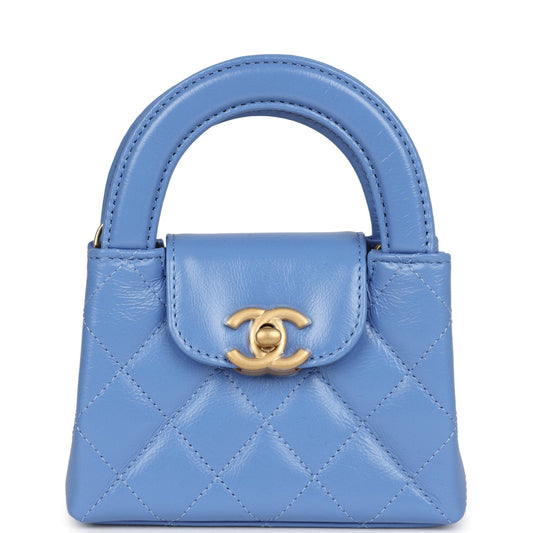 Chanel Nano Kelly Shopper Blue Shiny Aged Calfskin Brushed Gold Hardware Crossbody