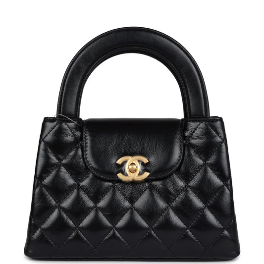 Chanel Small Kelly Shopper Black Shiny Aged Calfskin Brushed Gold Hardware Handbag