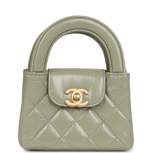 Chanel Nano Kelly Shopper Khaki Shiny Aged Calfskin Brushed Gold Hardware Crossbody