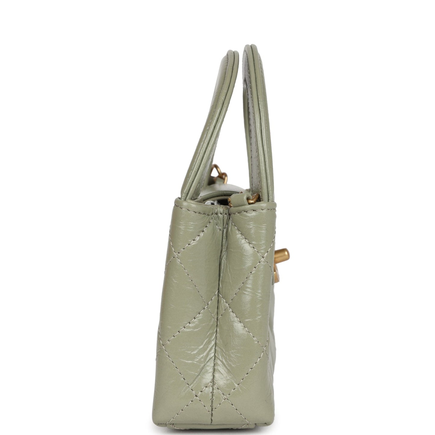 Chanel Nano Kelly Shopper Khaki Shiny Aged Calfskin Brushed Gold Hardware Crossbody