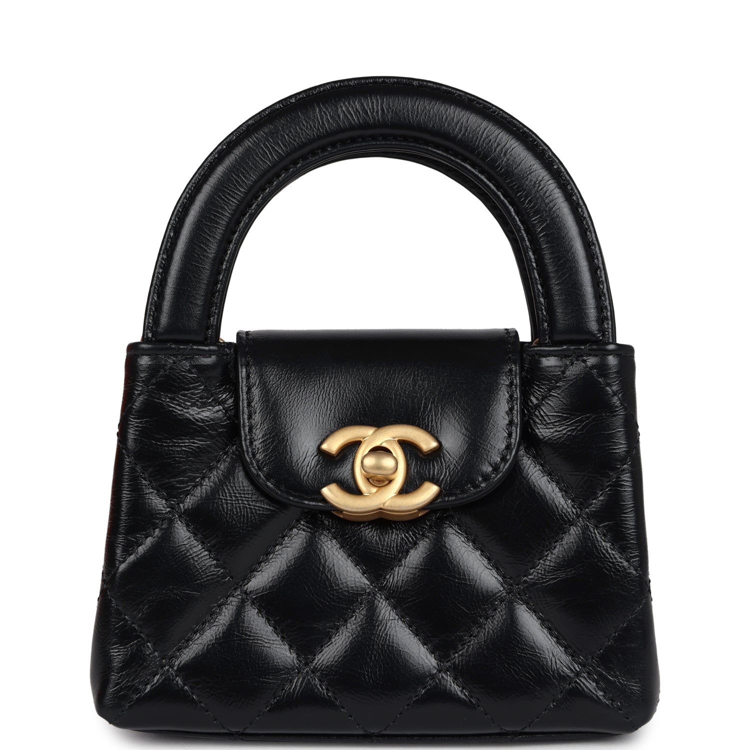 Chanel Nano Kelly Shopper Black Shiny Aged Calfskin Brushed Gold Hardware Crossbody