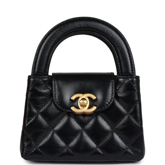 Chanel Nano Kelly Shopper Black Shiny Aged Calfskin Brushed Gold Hardware Crossbody