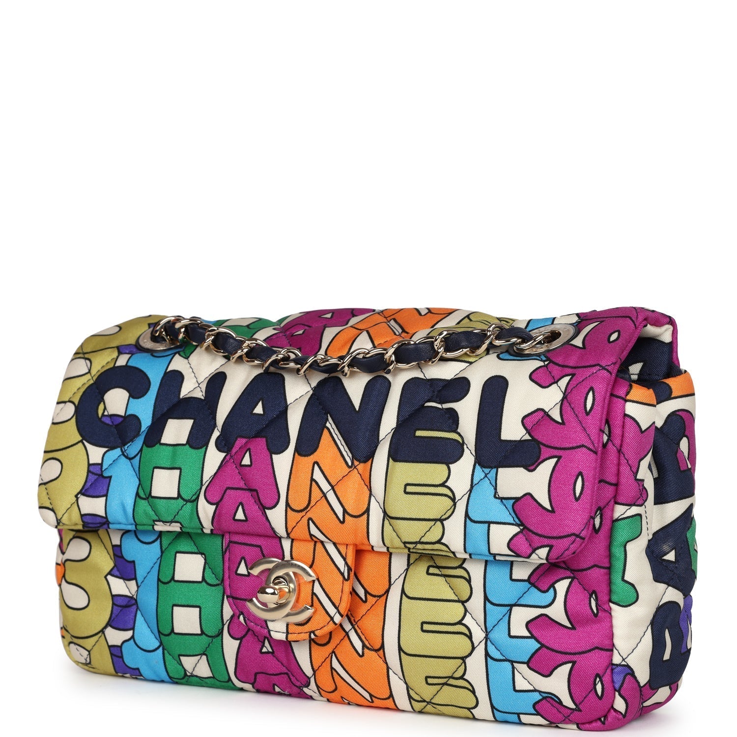 Chanel Medium Flap Bag Rainbow Logo Nylon Light Gold Hardware