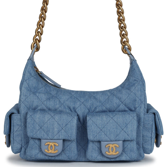 Chanel Large Cargo Hobo Bag Light Blue Washed Brushed Gold Hardware