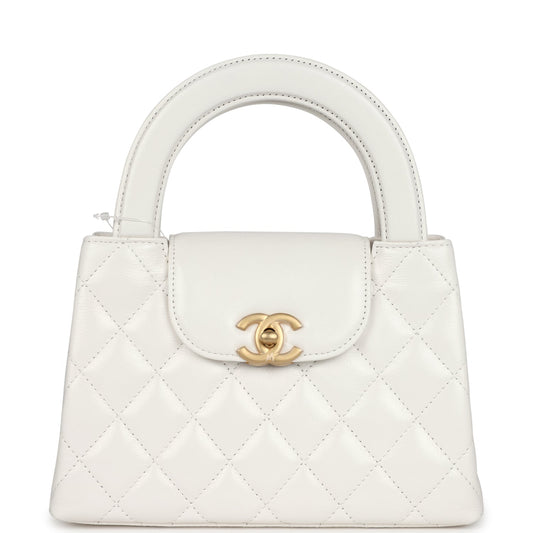 Chanel Small Kelly Shopper White Shiny Aged Calfskin Brushed Gold Hardware Crossbody
