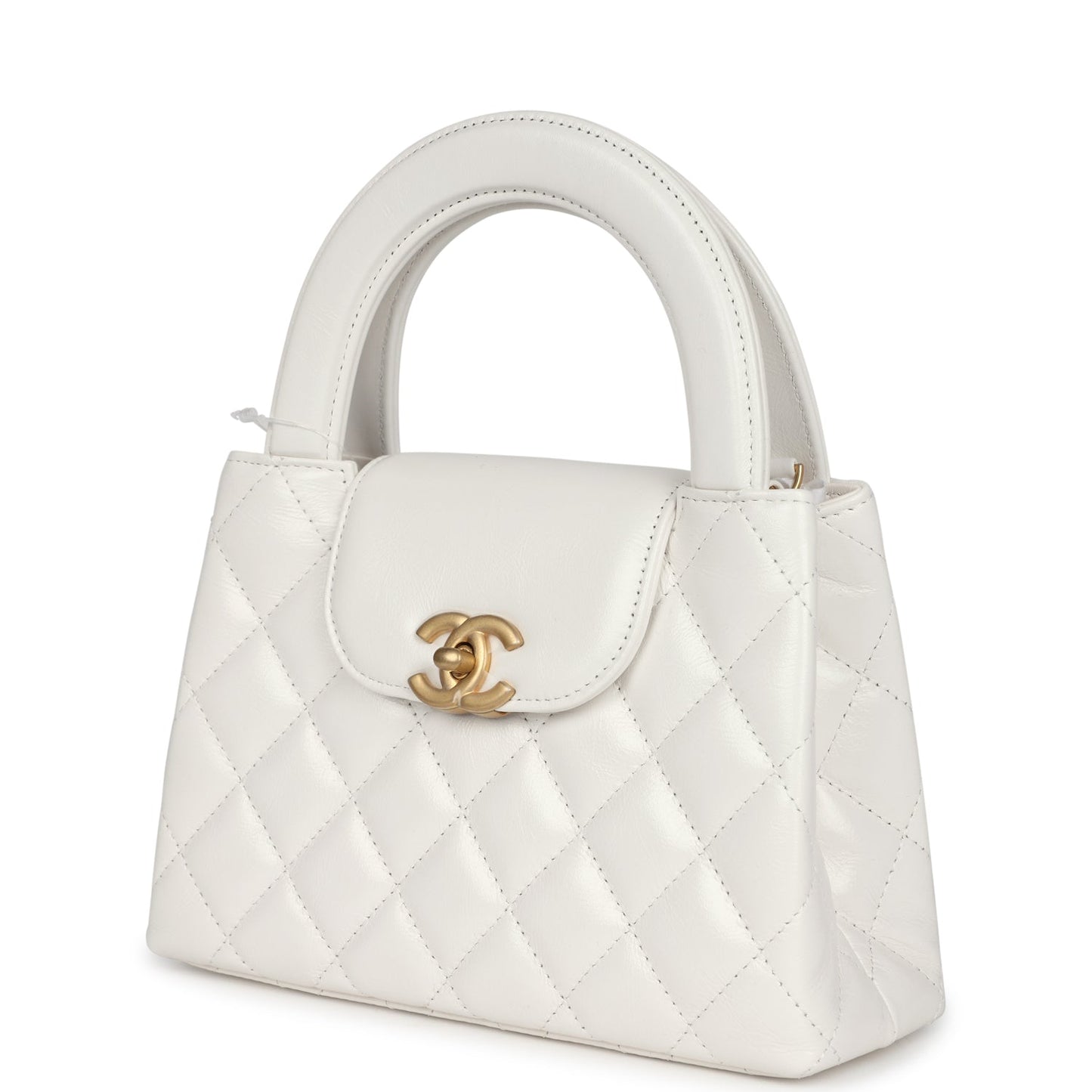 Chanel Small Kelly Shopper White Shiny Aged Calfskin Brushed Gold Hardware Crossbody
