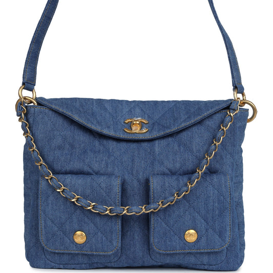 Chanel Large Supple Twins Hobo Bag Blue Brushed Gold Hardware