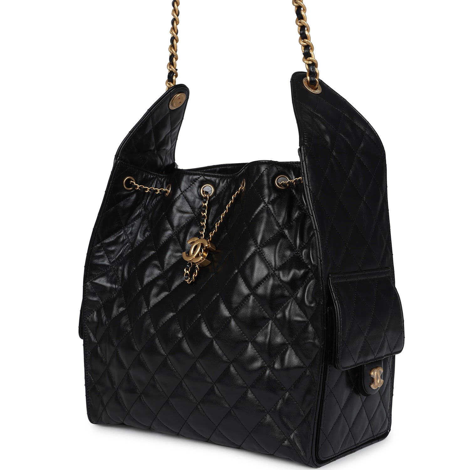 Chanel Medium 25 Hobo Bag Black Shiny Lambskin Antique Gold Hardware