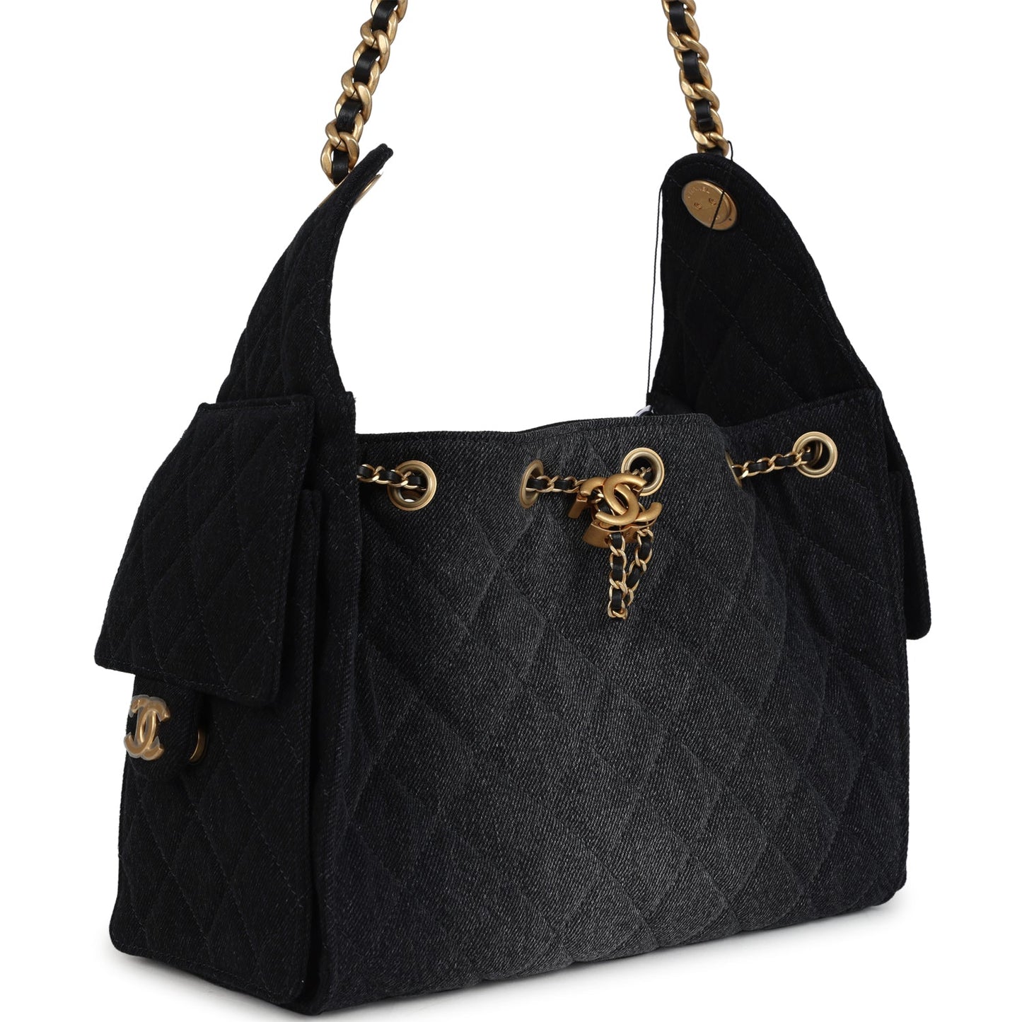 Chanel Small 25 Hobo Bag Black Washed Denim Antique Gold Hardware