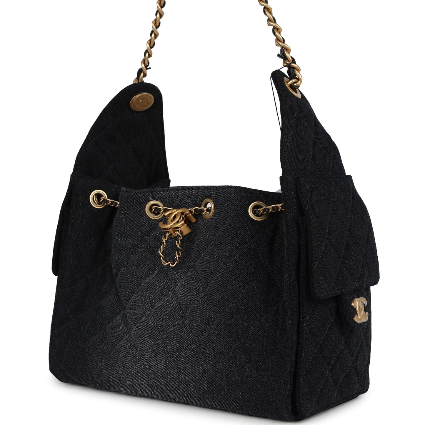 Chanel Small 25 Hobo Bag Black Washed Denim Antique Gold Hardware
