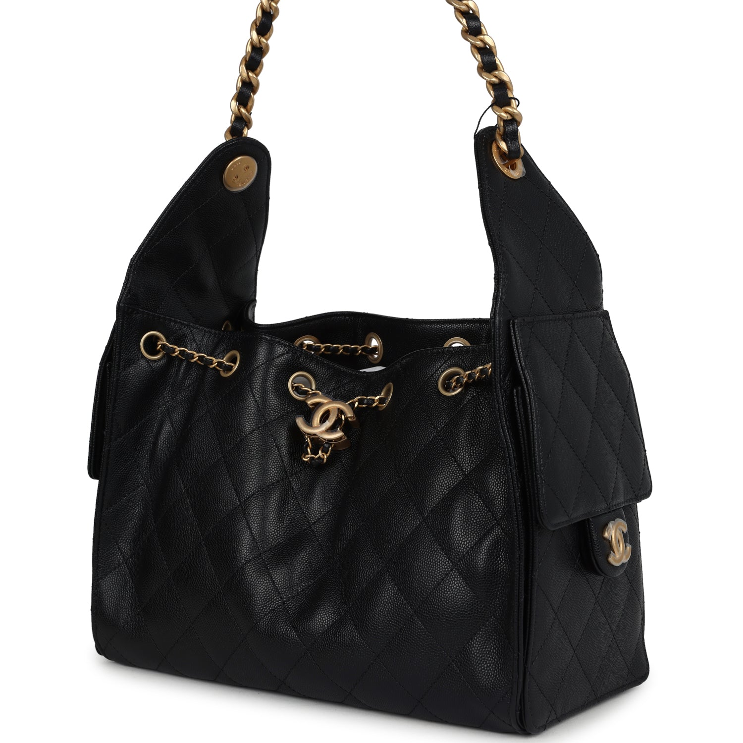 Chanel Small 25 Hobo Bag Black Caviar Antique Gold Hardware