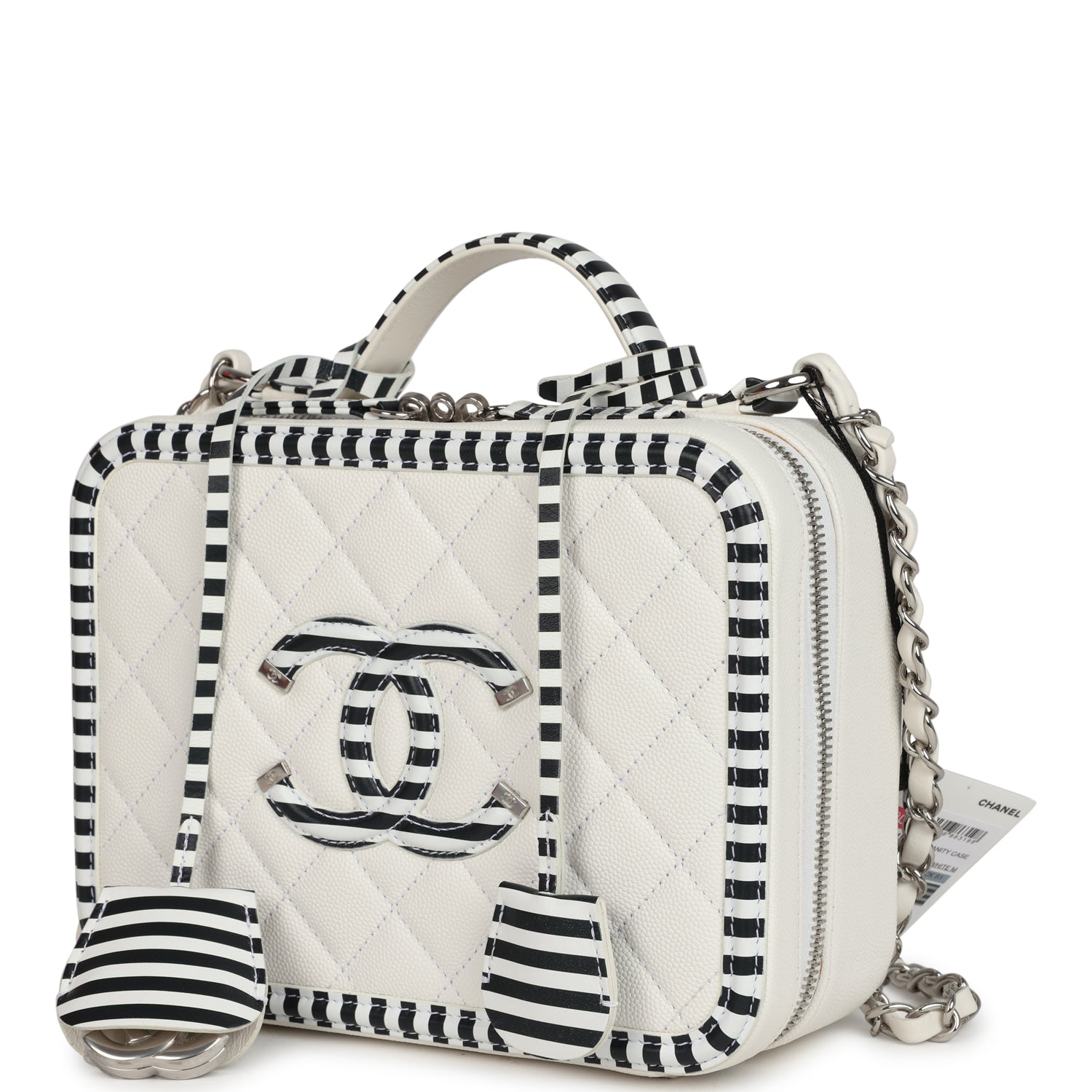 Chanel Medium CC Filigree Vanity Case Black and White Caviar Silver Hardware