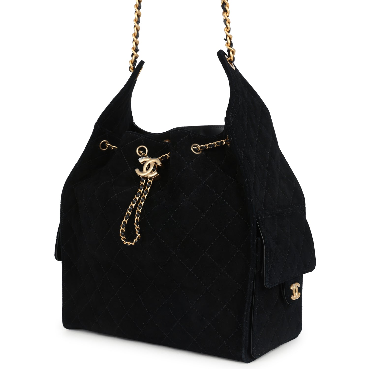 Chanel Large 25 Hobo Bag Black Suede Antique Gold Hardware