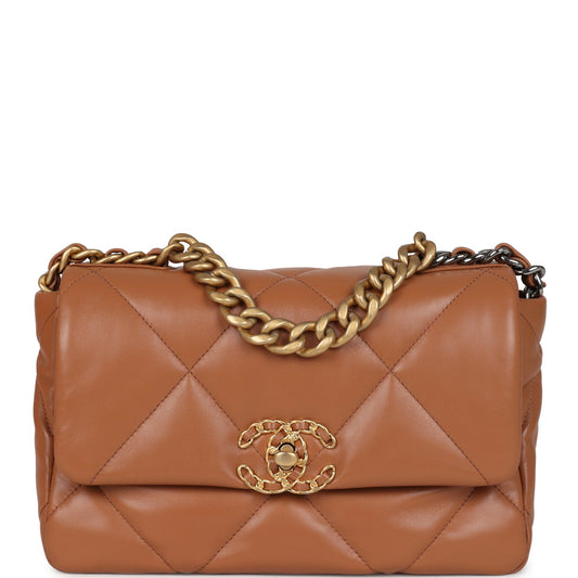 Chanel Medium 19 Flap Caramel Shiny Lambskin Mixed Metal Hardware Shoulder Bag