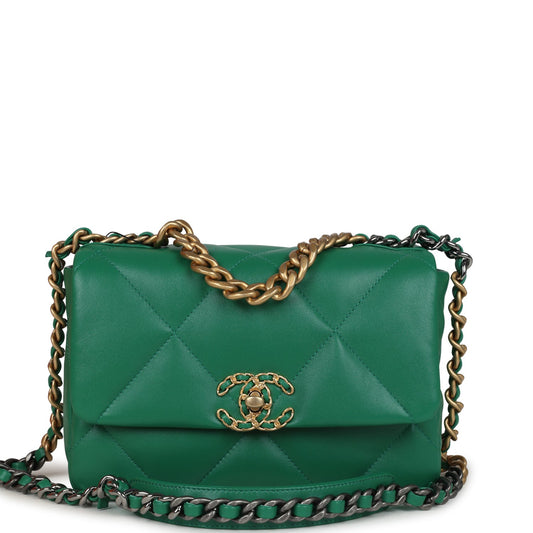 Chanel Medium 19 Flap Green Shiny Lambskin Mixed Metal Hardware Shoulder Bag